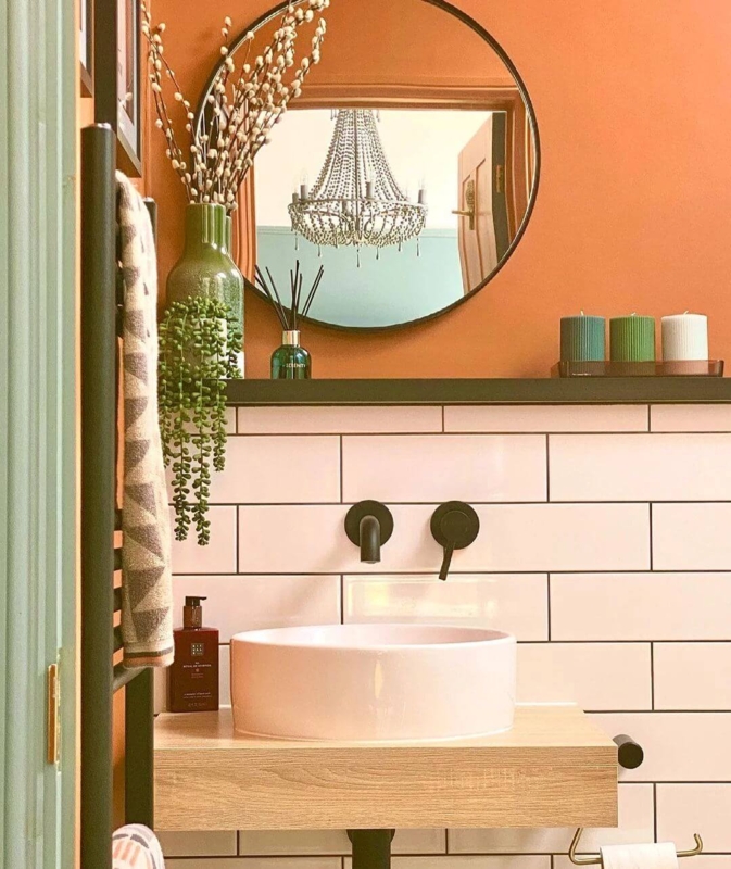 Terracotta Bathroom Wall Ideas: Subway Tile with Black Hardware