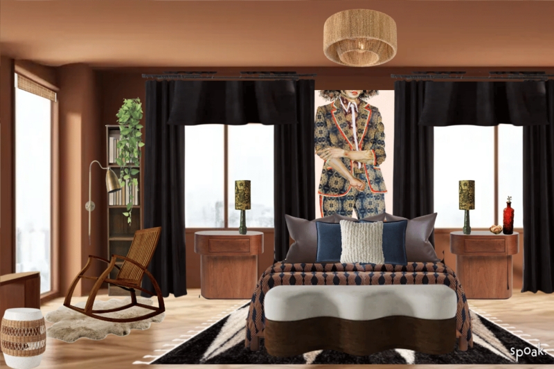 Terracotta Bedroom with Black Accents and Wavy Bench