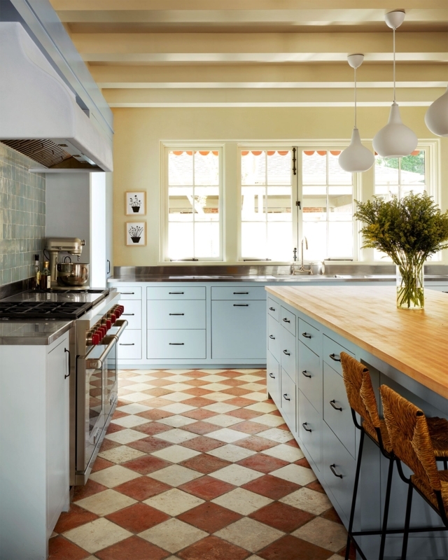 Terracotta Checkerboard Kitchen Flooring with Light Blue Cabinets