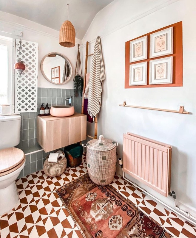 Terracotta Geometric Tiles & Pink Radiator in Boho Bathroom