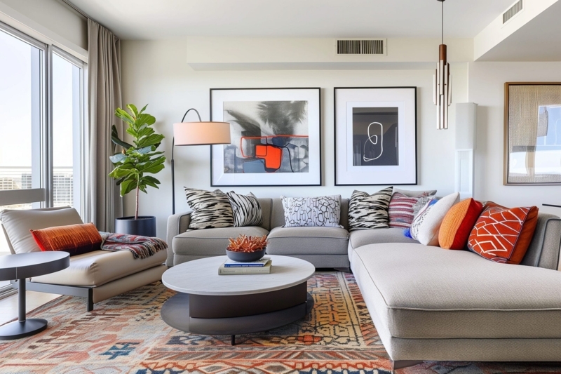 Terracotta Patterned Rug Living Room with Abstract Wall Art Layout