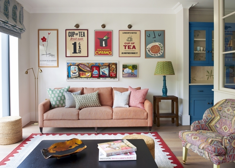 Terracotta Sofa Living Room Inspiration With Blue Built-In Cabinets