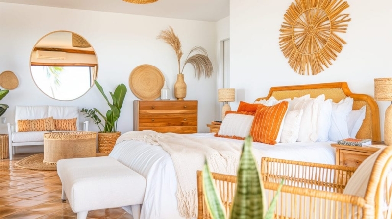 Terracotta Tiles and Woven Sunburst Decor in an Airy Tropical Bedroom