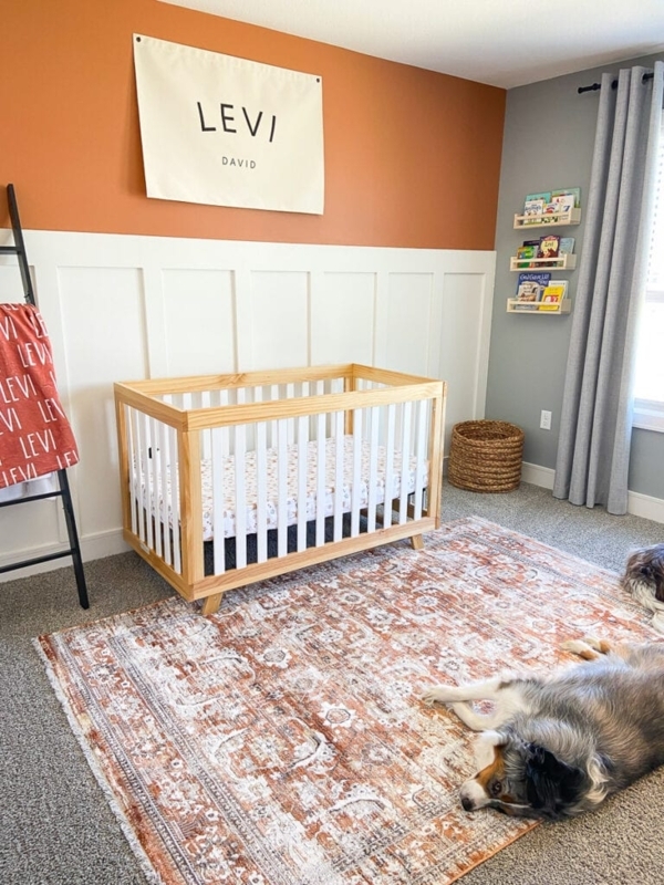Terracotta & White Wainscoting Nursery with Two-Tone Modern Crib