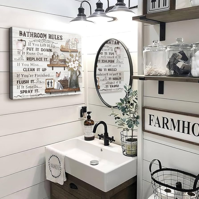 Textual Wall Art on Shiplap Backdrop for Farmhouse Bathroom Decor