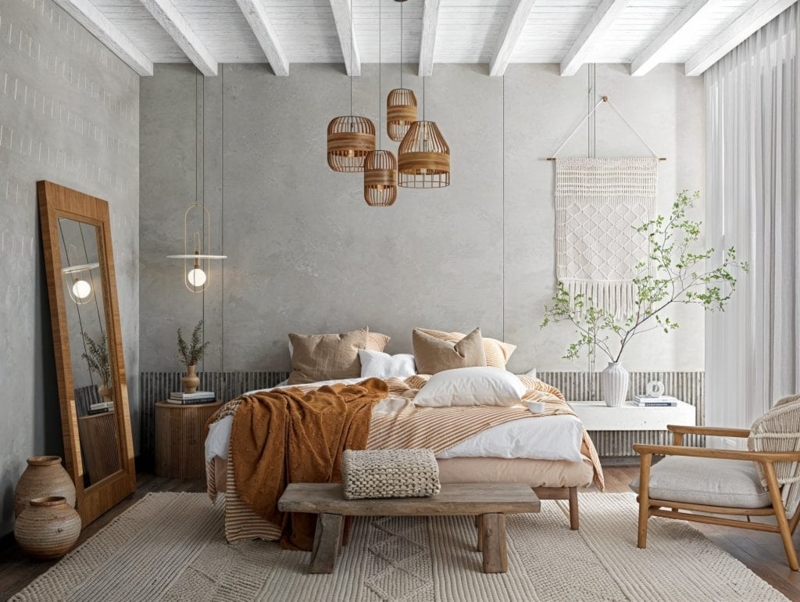 Textured Bed with Plaster Walls and Exposed Beams