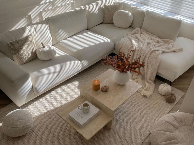 Textured Cream Area Rug with Tiered Stone Table.