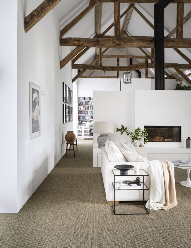 Textured Wall to Wall Carpet in Rustic Living Room with Timber Beams