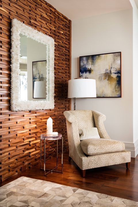 Textured Wood Slat Accent Wall with Crystalline Framed Mirror