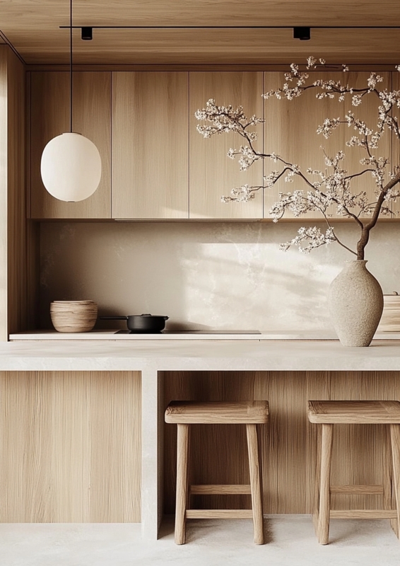 Thick Stone Countertop Styling with Minimalist Oak Cabinets and Stools