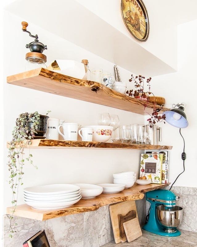 Three-Tier Live Edge Floating Kitchen Shelves with Turquoise Accents