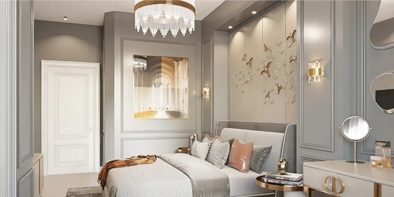 Tiered Crystal Chandelier Glam Bedroom with Gold Bird Wall Decor