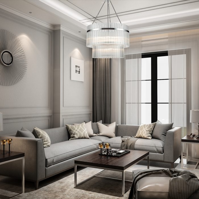 Tiered Glass Chandelier in Monochromatic Grey Living Room