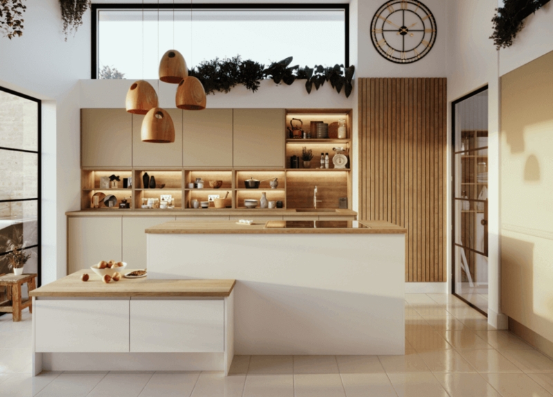 Tiered Kitchen Island Design featuring a Slatted Wood Wall Accent