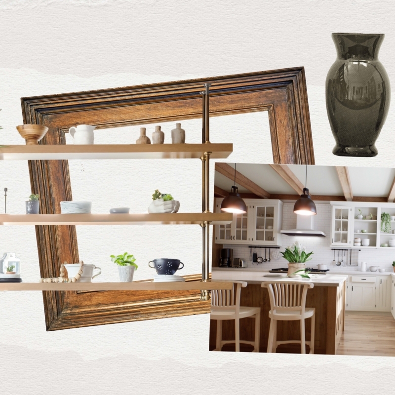 Tiered Shelving Open Unit with Rustic Picture Frame in Farmhouse Kitchen