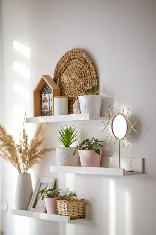 Tiered White Wall Shelves with Potted Plants and Woven Decor Accents