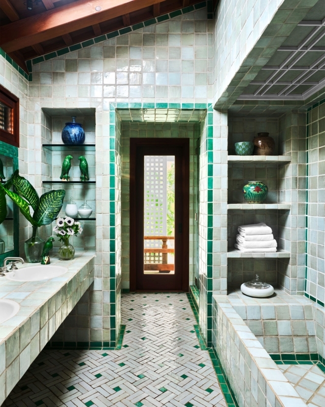 Tiled Integrated Vanity with Monochromatic Mint Green Walls