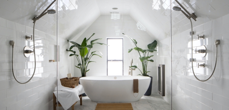 Tiled Sloped Ceiling with Symmetrical Dual Showers