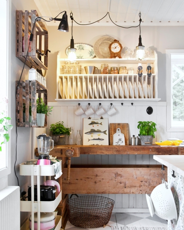 Timber Workbench with Wall-Mounted Crates in Rustic Farmhouse Kitchen
