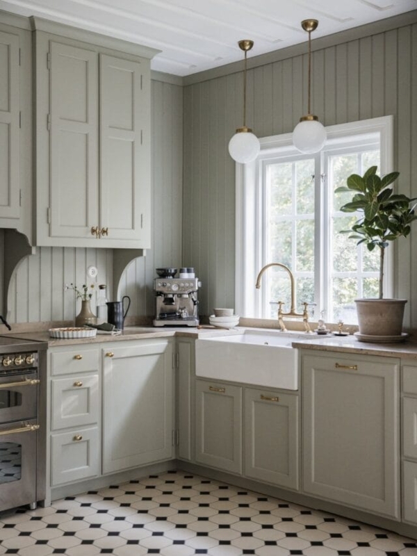 Timeless Octagonal Kitchen Floor Tile with Sage Green Cabinets