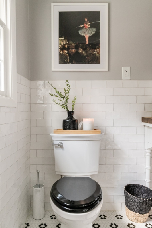 Toilet Area: Vintage Circus Art, Black Toilet Seat, Tank Lid Styling