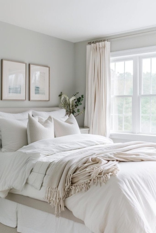 Tonal White Bed with Fringed Blanket and Textured Bedding Ideas