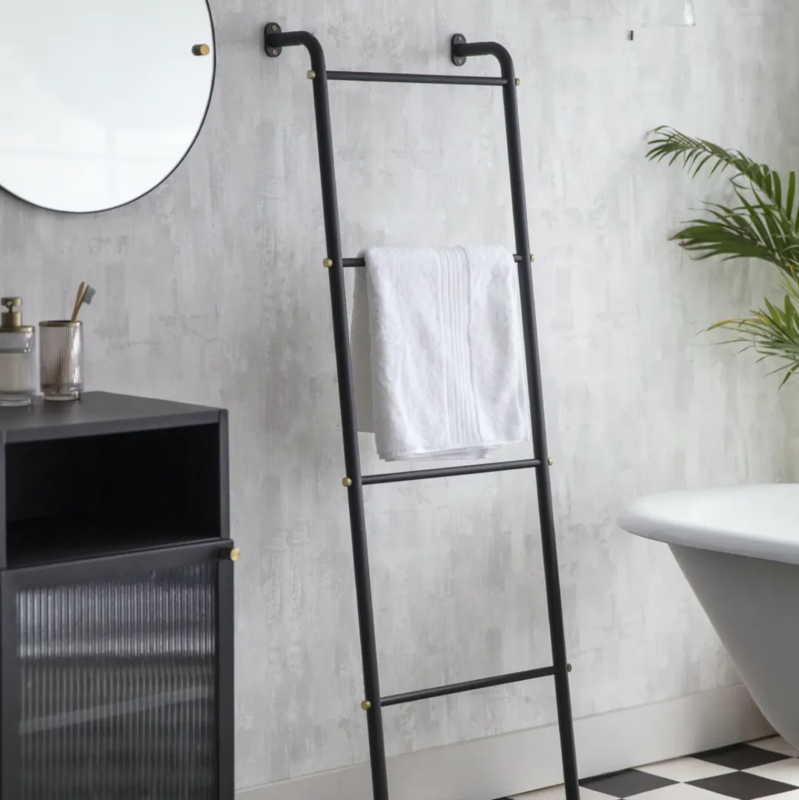 Towel Ladder Leaning Design Matte Black Finish Industrial
