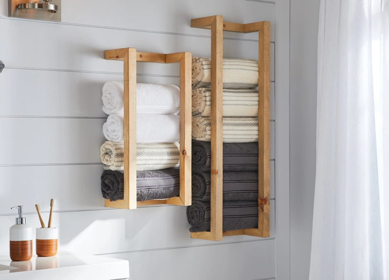 Towel Rack Open Wood Frame Vertical Roll Storage Farmhouse