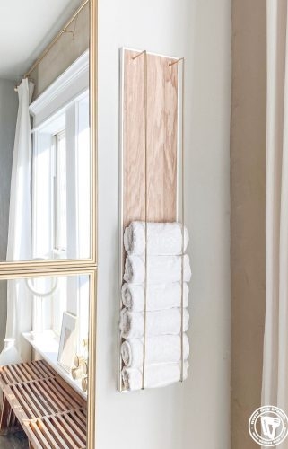 Towel Rack Vertical Storage Gold Metal Accents Wood Backboard
