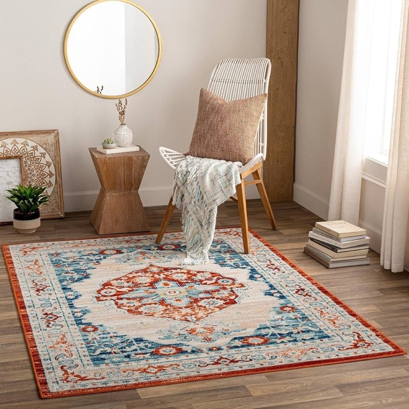 Traditional Area Rug Floral Pattern Rust Orange Navy Blue Living Room