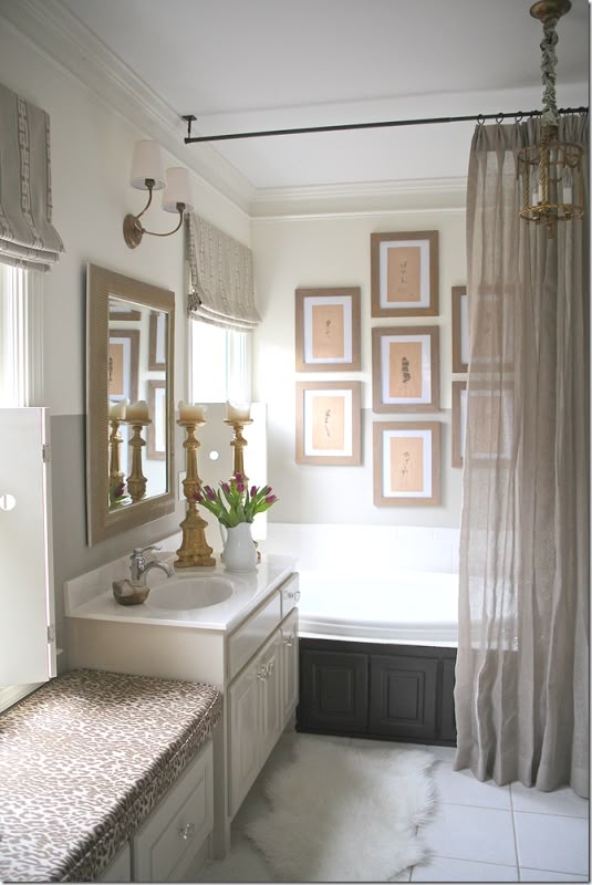 Traditional Bathroom Decor with Leopard Print Bench and Gallery Wall
