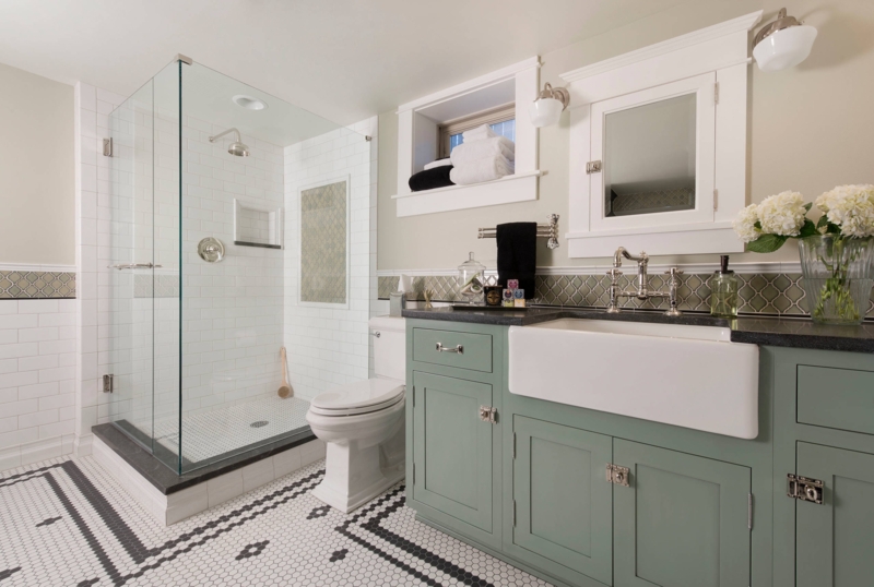 Traditional Bathroom featuring Sage Green Vanity and Apron-Front Sink