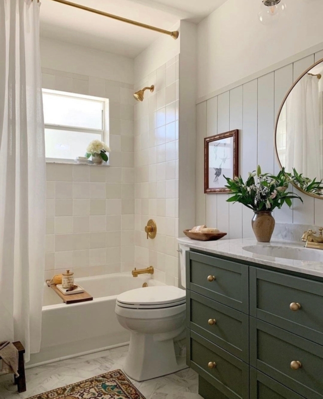 Traditional Bathroom with Green Vanity and Vertical Paneling