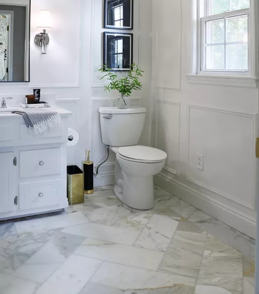 Traditional Bathroom with Herringbone Marble Floor and White Wainscoting