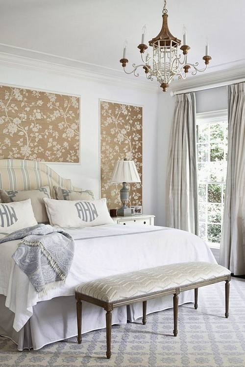 Traditional Bed with Framed Wallpaper Panels and Striped Headboard