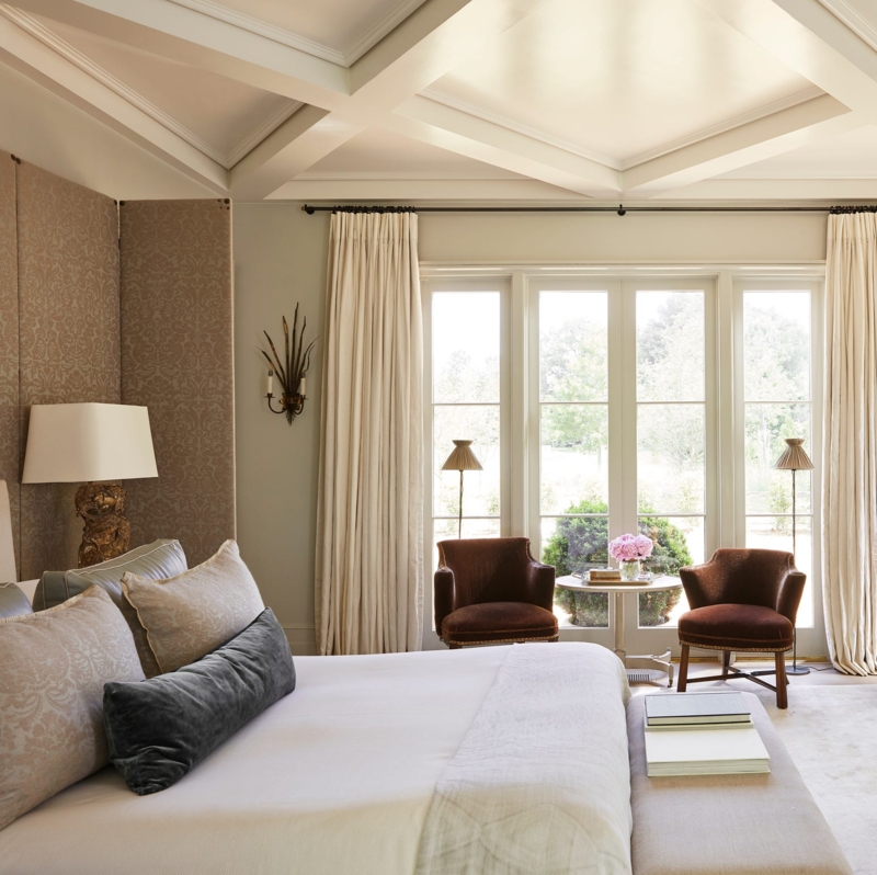 Traditional Bedroom Seating Area featuring Coffered Ceiling Detail