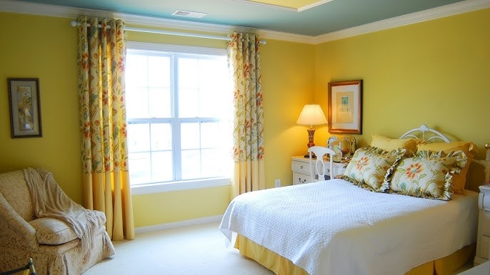 Traditional Bedroom with Blue Recessed Ceiling and Floral Border Curtains