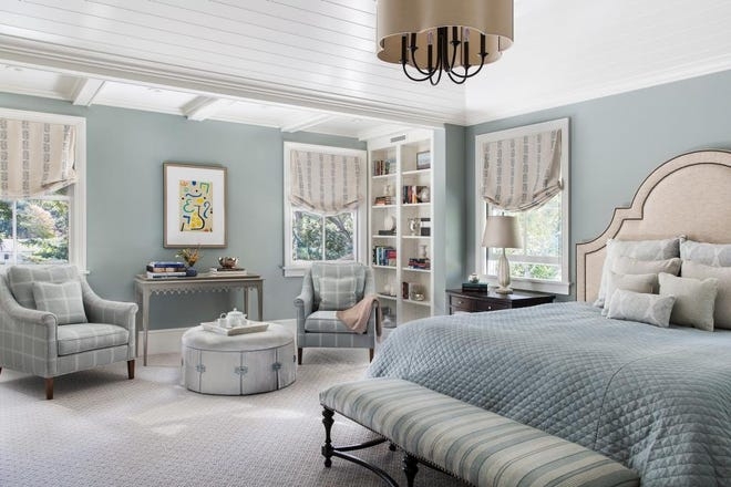 Traditional Bedroom with Paneled Ceiling and Blue Plaid Seating