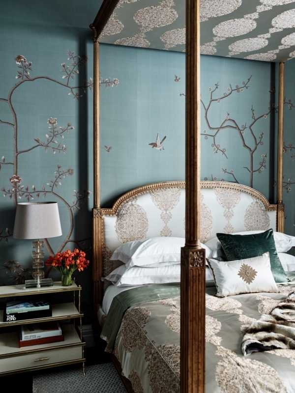 Traditional Canopy Bed with Patterned Canopy Ceiling and Teal Wallpaper