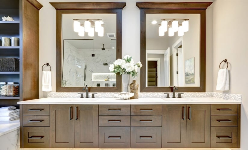 Traditional Dark Wood Double Vanity with Crown Molding Mirrors