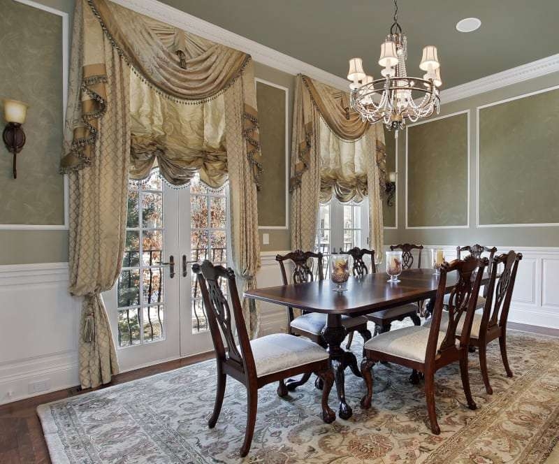 Traditional Dining Room featuring Ornate Swag and Jabot Valance Curtains