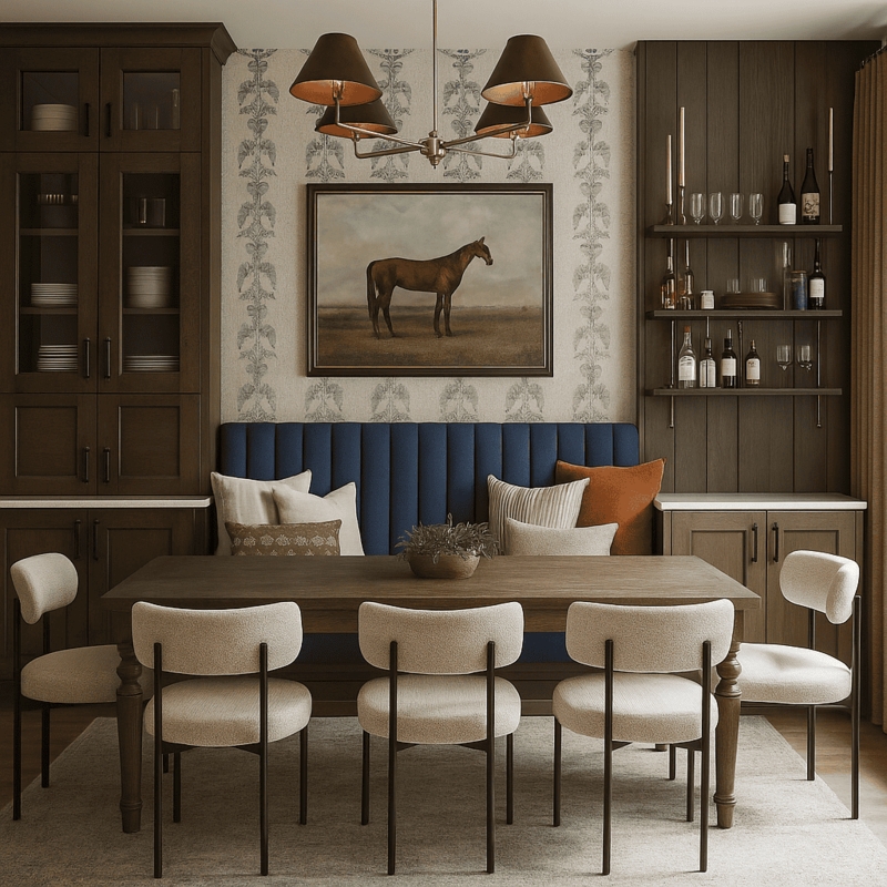 Traditional Dining Room: Navy Channeled Banquette & Botanical Wallpaper