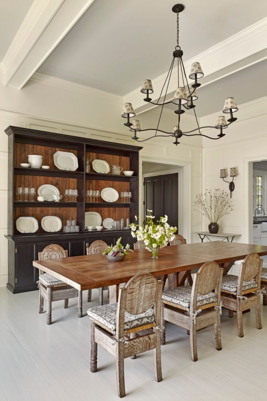 Traditional Farmhouse Dining Room with Dark Hutch & Carved Chairs