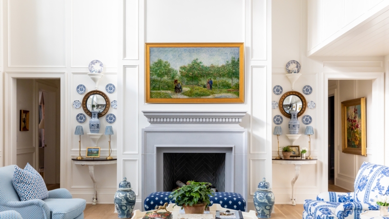 Traditional Fireplace Mantel Styling With Symmetrical Blue And White Chinoiserie Decor