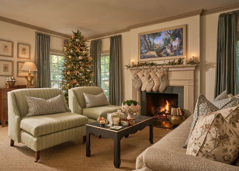Traditional Holiday Living Room: Sage Green Chairs & Mantel Decor