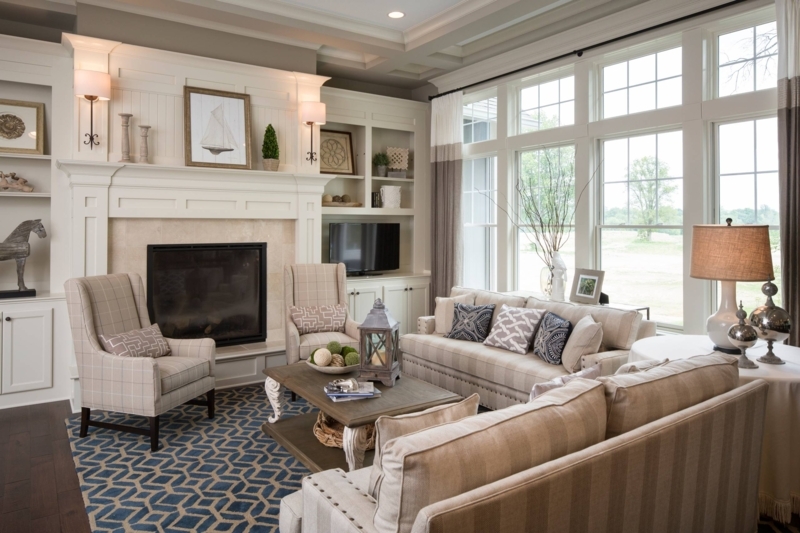 Traditional Living Room: Blue Geometric Area Rug & Custom Built-Ins