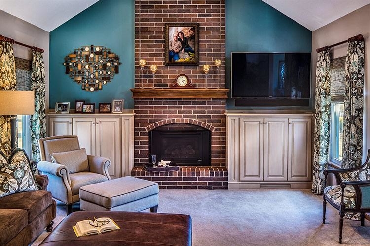 Traditional Living Room: Brick Fireplace & Teal Paint Contrast Walls
