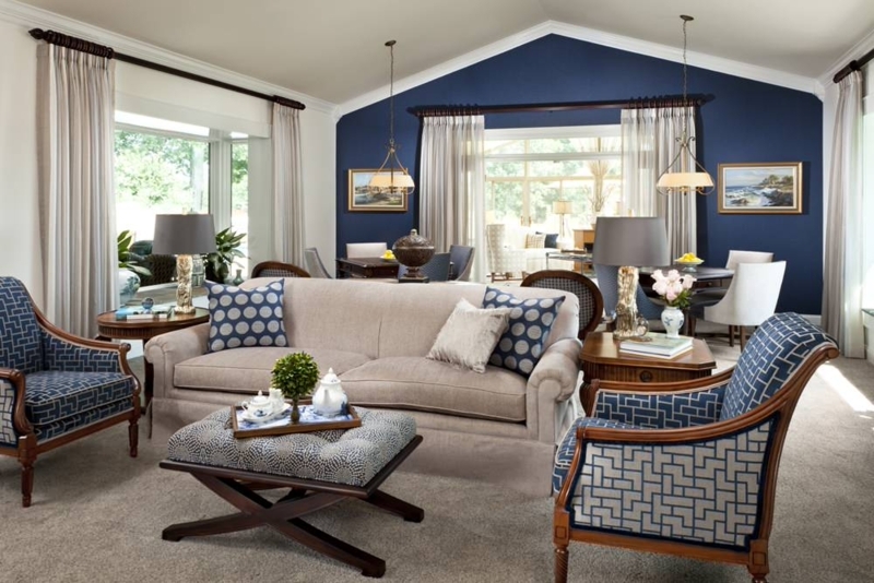 Traditional Living Room with Blue Wall & Vaulted Ceiling Layout