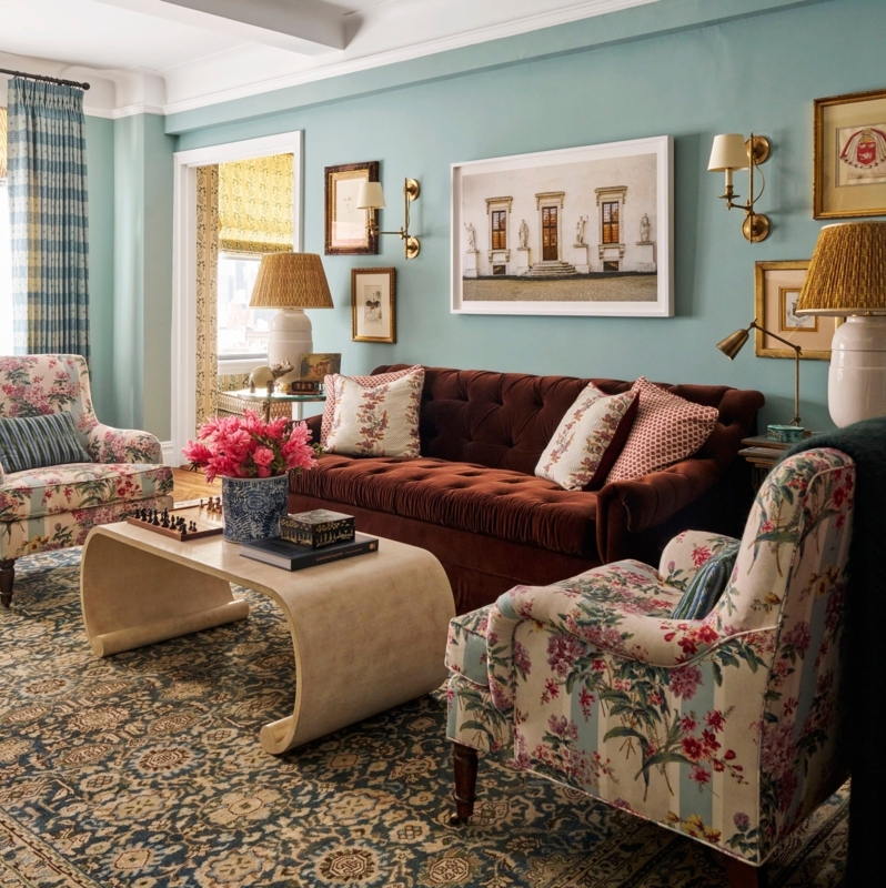 Traditional Living Room with Teal Walls and Brown Velvet Tufted Sofa