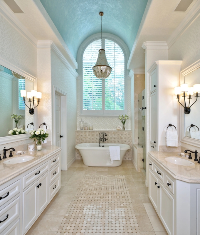 Traditional Luxury Bath: Symmetrical Layout & Blue Vaulted Ceiling